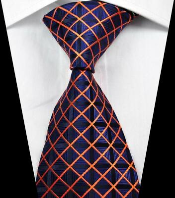 #ad Hot Classic Checks Orange Dark Blue JACQUARD WOVEN 100% Silk Men#x27;s Tie Necktie $9.99