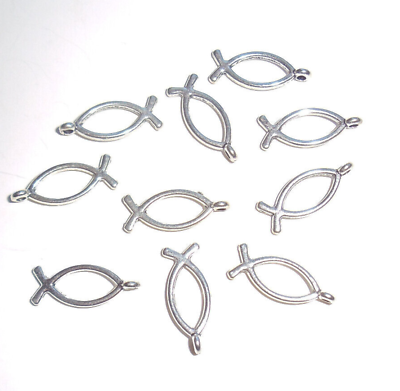 #ad 10 Christian Charms Silver Ichthus Fish Jewelry Making Beading Craft Supply $3.81