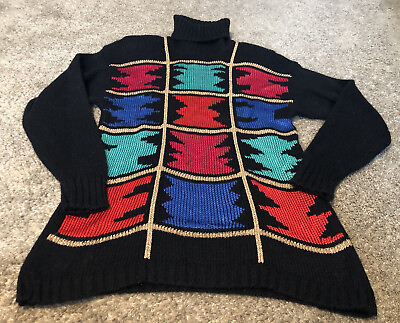 #ad Vtg Liz Sport Women#x27;s Black Knit Sweater W Gold Lines amp; Multicolor Knit Pattern $59.99