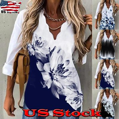 #ad Womens Floral V Neck Long Sleeve T Shirt Ladies Casual Tunic Tops Loose Blouse $17.49