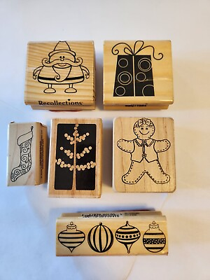 #ad Lot of 6 Random Christmas Happy Holidays Wood Mounted Rubber Stamps Pre owned $8.99