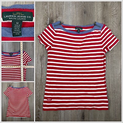 #ad LRL Ralph Lauren Jeans Co. Shirt Red White Striped Super Soft Women#x27;s M $12.99