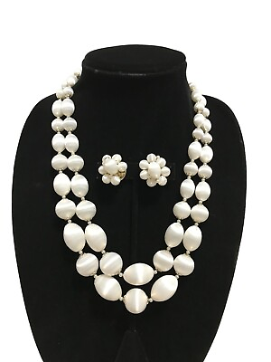 #ad Japan Vintage White Cluster Bead Jewelry Set Multi Strand Necklace Clip Earrings $19.50