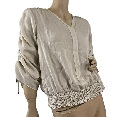 #ad Philosophy Republic Blouse Womens Size M Ivory Cuffs Stretch Hem Long Sleeves $11.99