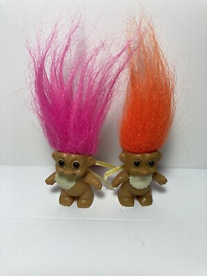 #ad 2 VINTAGE 2quot; RUSS STANDING BABY TROLL ORANGE PINK HAIR WITH BIBS $14.99