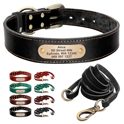 #ad Real Leather Personalized Dog Collar and Leash Set for Small Medium Large Dogs $23.99