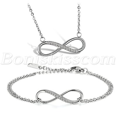 #ad Womens Stainless Steel CZ Inlay Infinity Bracelet Pendant Necklace Set Love Gift $9.99