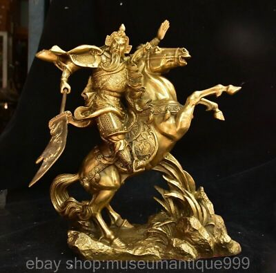 #ad 14quot; Old Chinese Pure Yellow Copper Ride horse Guan Gong General Statue Sculpture $335.74