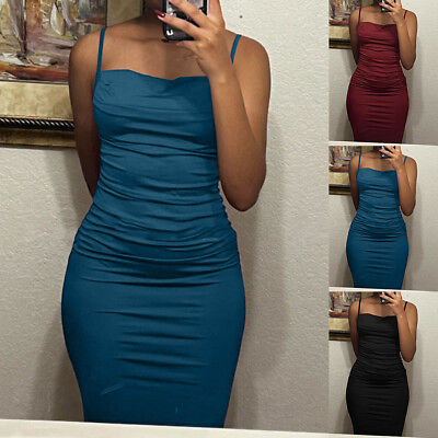 #ad Women Sexy Bodycon Ruffle Mini Dress Strappy Cami Dress Cocktail Clubwear Gown $19.69