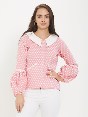 #ad Exclusive Cotton Linen Vintage Styled Pink Polka Dots Top $33.99
