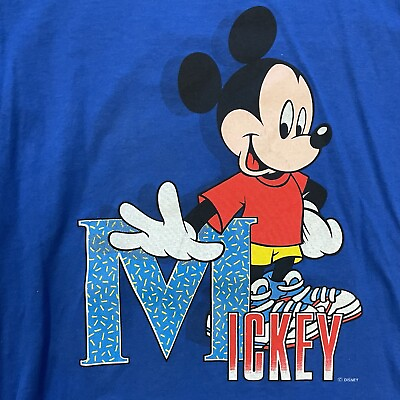 #ad Vintage M Is For Mickey Mouse Large Double Sided Blue Velva Sheen T Shirt USA $12.99