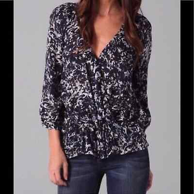 #ad Joie Blue 100% Silk Floral Print V Neck Ruffle Lourve Cross Blouse Top Size XS $40.00