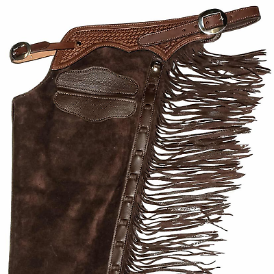 #ad Exclusive Basketweave Tooled Leather Waist Top Shotgun Chaps with Buckle Closure $189.00