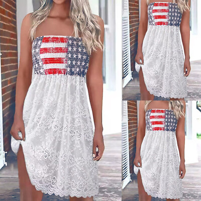 #ad Women USA American Flag Print Sleeveless Party Dress Holiday Sundress July 4ths $13.29