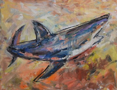 #ad Art Oil Painting RM Mortensen Nautical quot;Great Whitequot; Ocean Seascape Shark Fish $279.00