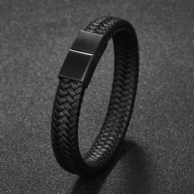 #ad Fashion Men Jewelry Black Braided Leather Bracelet Stainless Steel Clasp Bangle $8.99