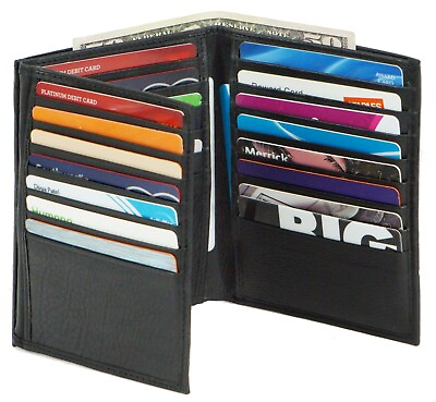 #ad Mens European Cowhide Leather Trifold Mens Wallet 2 ID 20 Card Slots Black $18.95