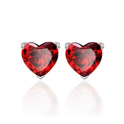 #ad Solid Sterling Silver Red Heart CZ Shaped Stud Earrings 5MM Cubic Zirconia $9.99