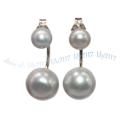#ad Fashion Double Large Real Natural Gray Akoya Pearl Dangle Silver Stud Earrings $5.39