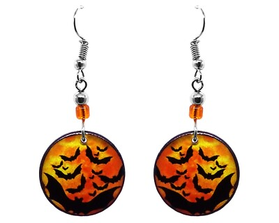 #ad Round Halloween Bat Earrings Handmade Orange Dangles Halloween Themed Jewelry $13.99