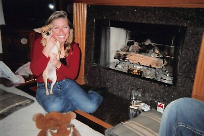 Vtg Found Photo Pretty Woman Sitting amp; Brown Pet Dog Living Area Fire Place #9 $4.00