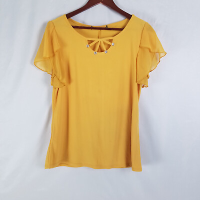 #ad Womens Shirt Medium READ Top Yellow Short Flutter Sleeve Round Strappy Neck $6.32