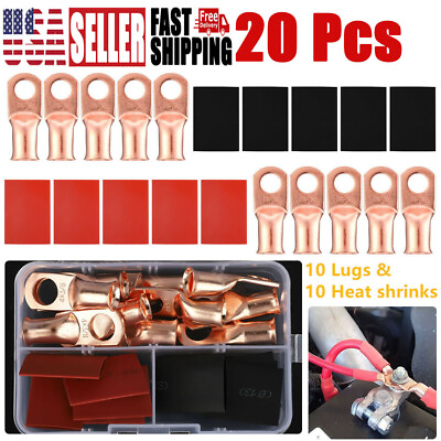 #ad 4 AWG Gauge Copper Lugs w BLACK amp; RED Heat Shrink End Ring Terminals Wire 20Pcs $11.99