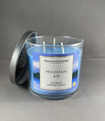 #ad Huntington Home MOUNTAIN AIR SCENT 14 OZ 3 Wick SOY BLEND Candle JAR Blue $18.99
