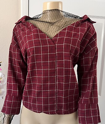 #ad Plaid Retro Look Top Shirt Lace Design Size M Medium Oversized $3.00