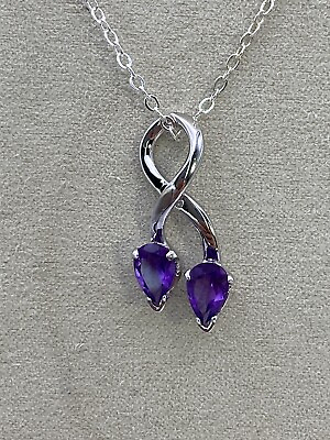#ad Silver Tone 18” Necklace With Two Purple Rhinestone Twisted Pendant Bin B $7.00