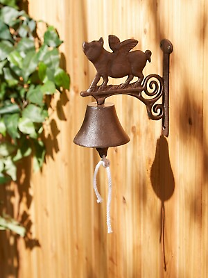 #ad Stunning Gorgeous Brown Pig With Wings Cast Iron Bell Wall Mount Outdoor Decor $29.23