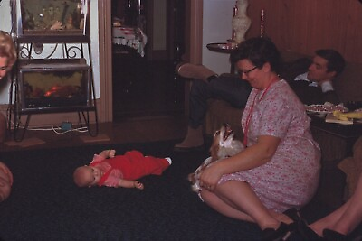 Family Watching Baby on Floor Beagle Dog Living Room 60s Vintage 35mm Slide $15.00