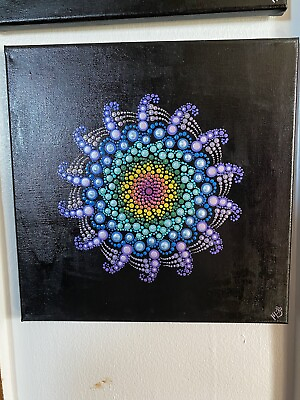 #ad Hand Painted Acrylic Painting Dot Mandala Metallic Rainbow 3d $150.00