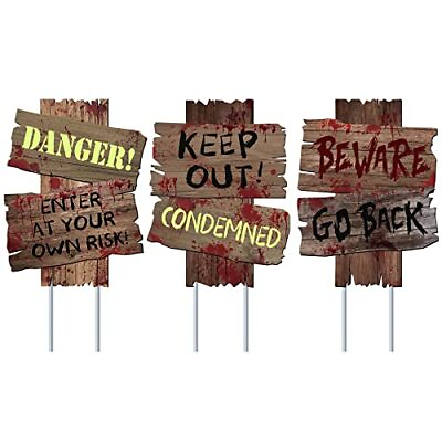 #ad GABOSS Halloween Decorations Beware Signs Yard Stakes Outdoor Creepy Assorted... $15.05