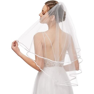 #ad White Bridal Double Ribbon Edge Center Cascade Wedding Veil with Comb $7.86