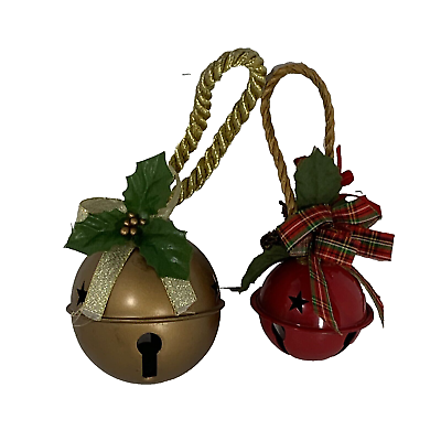 #ad Christmas Bell Ornament Set Round Gold Red Rope Holiday Tree Door Decoration $17.00