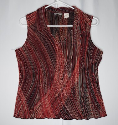 #ad Fashion Bug Vtg Pleated Top Large Women Collar Sleeveless Red Abstract V Neck $19.93