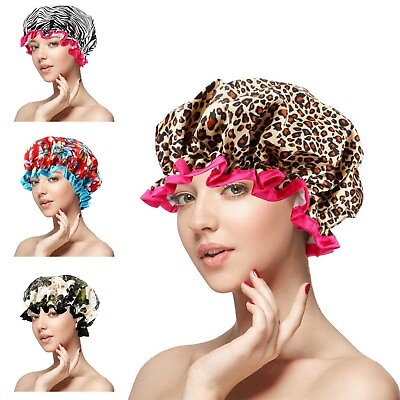 #ad Printed Color Shower Cap Waterproof Double Layer Fashion Shower Cap Fits Women $7.32