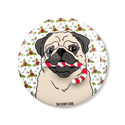 #ad Fawn Pug Dog Candy Cane Christmas Button Holiday Pin Accessories $5.00
