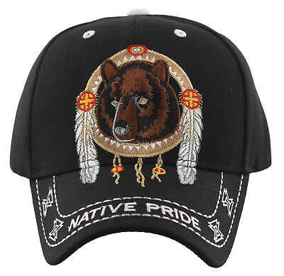#ad NEW NATIVE PRIDE INDIAN AMERICAN FEATHERS BEAR CAP HAT BLACK $9.95