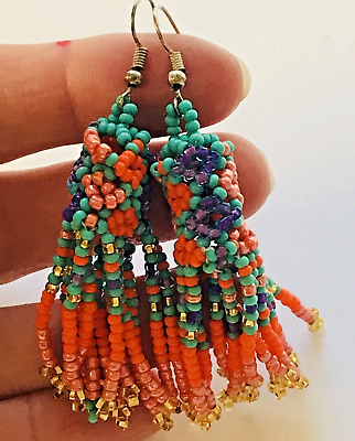 #ad Seed Bead Earrings Dangle Orange Blue Purple Hook Weave $9.41