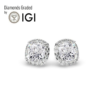 #ad Cushion 6ct Solitaire Halo 18K White Gold Studs EarringsLab grown IGI Certified $4522.00