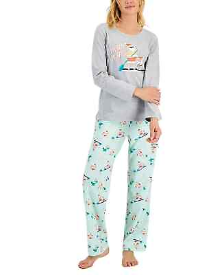 #ad Family Pajamas Women#x27;s 2 Piece Pajama Set Gray and Green Tropical Santa Medium $13.49