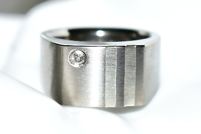 #ad Diamond Titanium Ring Genuine 0.05ct Diamond amp; Silver Inlay Signet 10mm Size M 6 GBP 38.99