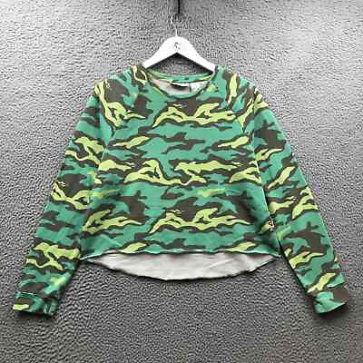 #ad Reebok Cropped T Shirt Women Large L Long Sleeve Embossed Logo Raglan Camouflage $10.99