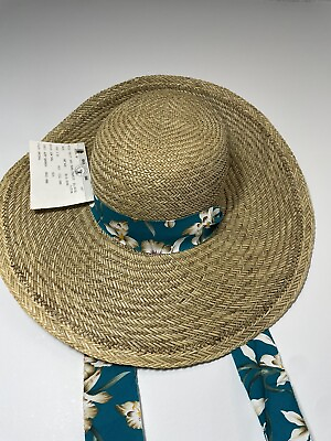 #ad Vintage New Floppy Straw Hat with Teal Floral Ribbon Summer Sun Beaver Brand $40.00