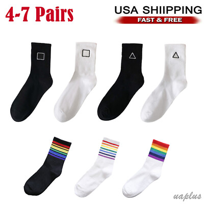 #ad Lot 4 7 Pairs Mens Womens Ankle Crew Striped Socks Sport Casual Cotton Socks US $10.95