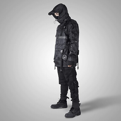#ad Men#x27;s Techwear Black Anorak Jacket Coat Hoodie Full Zip Buckle SA.01.50 HF $288.00