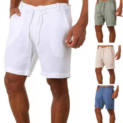 #ad Mens Cotton Linen Shorts Summer Beach Casual Drawstring Chino Loose Short Pants $11.19