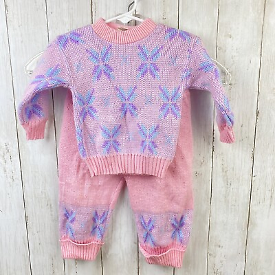 #ad Vintage 80s 90s Cute Sweater Set Girls Baby Size 12M Pink Purple Top Pants $19.99